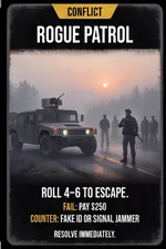 Conflict cards: Roadside Ambush, Armed Robbery, Rogue Patrol, Roadblock, Looters