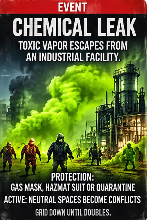 Event cards: Nuclear Fallout, EMP Strike, Chemical Leak, Superstorm, Earthquake
