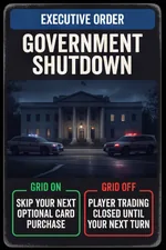 Executive Order cards: Curfew Notice, Stimulus Payment, Government Shutdown, National Security, Emergency Broadcast