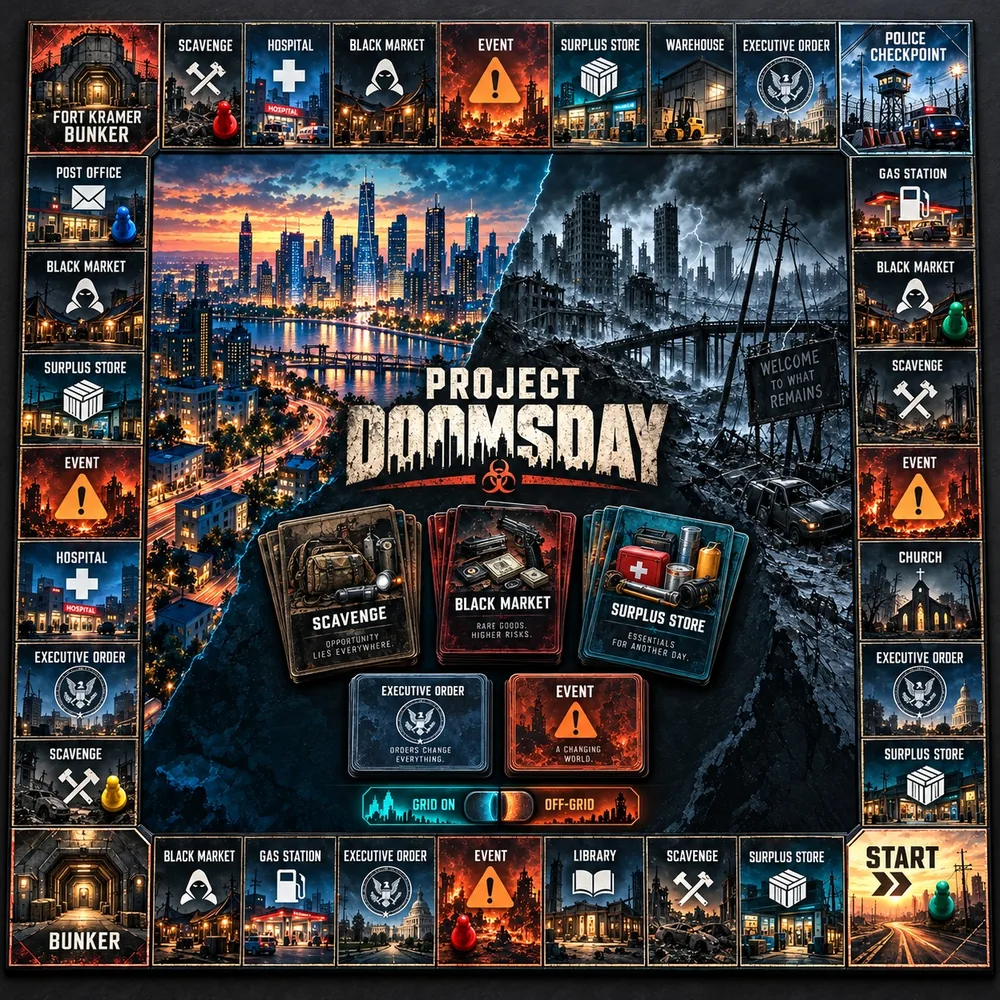 The Project Doomsday game board: a 32-space loop around a city that is half neon skyline, half burning ruin