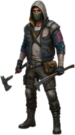 Seeker: a hooded scavenger carrying a hatchet and a pickaxe