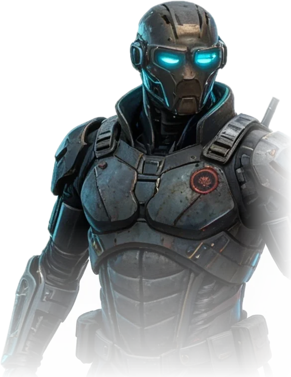 Uplink: an armored operator in a helmet with glowing cyan optics