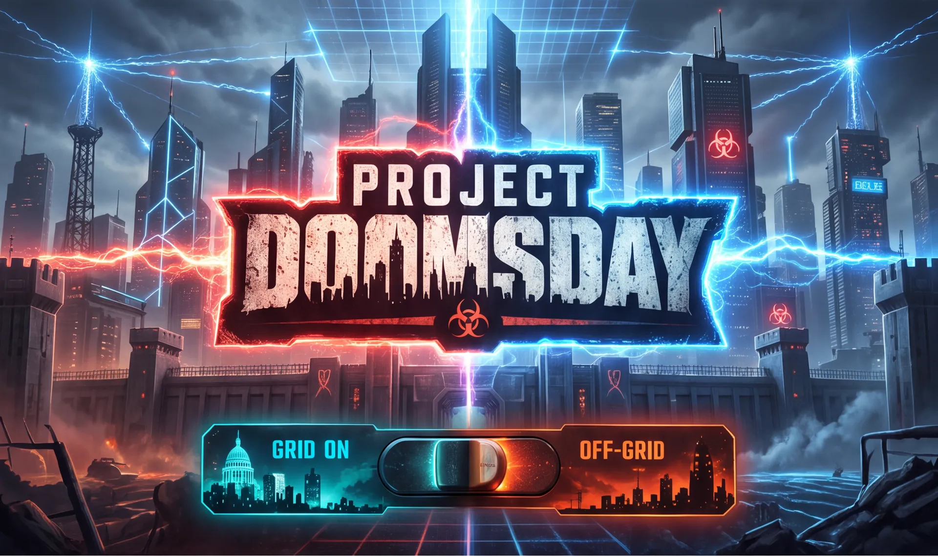 Project Doomsday key art: the logo over a lightning-lit skyline with a Grid On / Off-Grid switch
