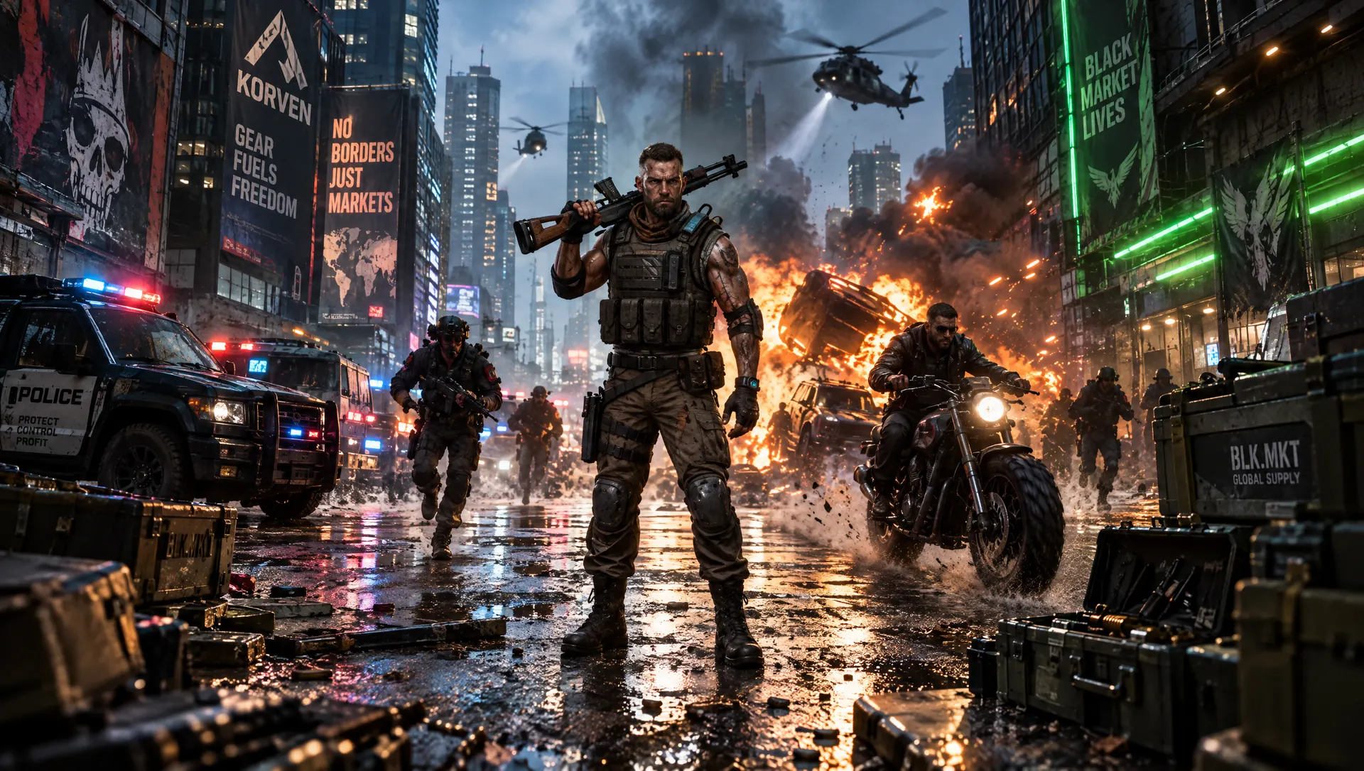 A survivor with a rifle stands in a burning street lined with black-market supply crates and green neon signs