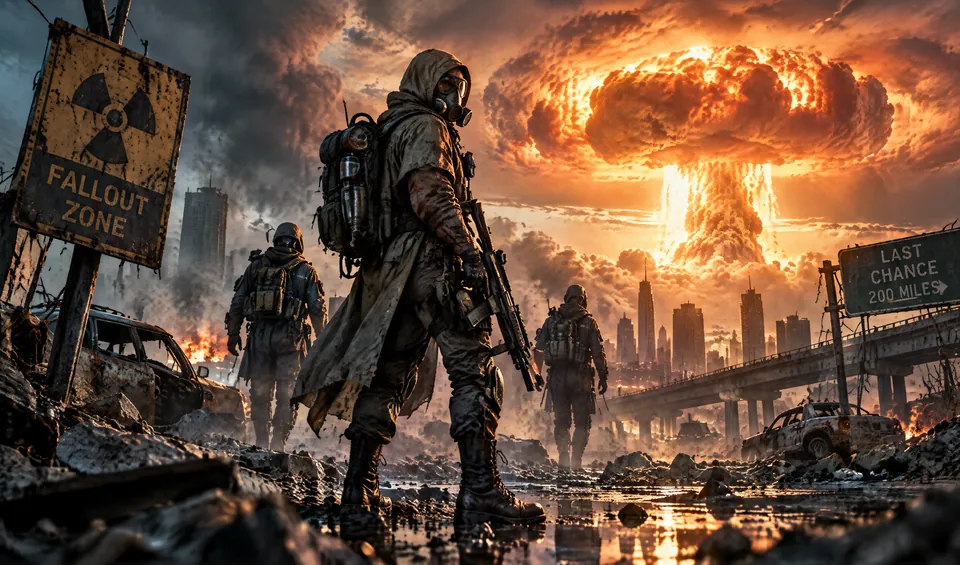 A survivor in a gas mask and long coat walks through a fallout zone as a mushroom cloud rises over the city