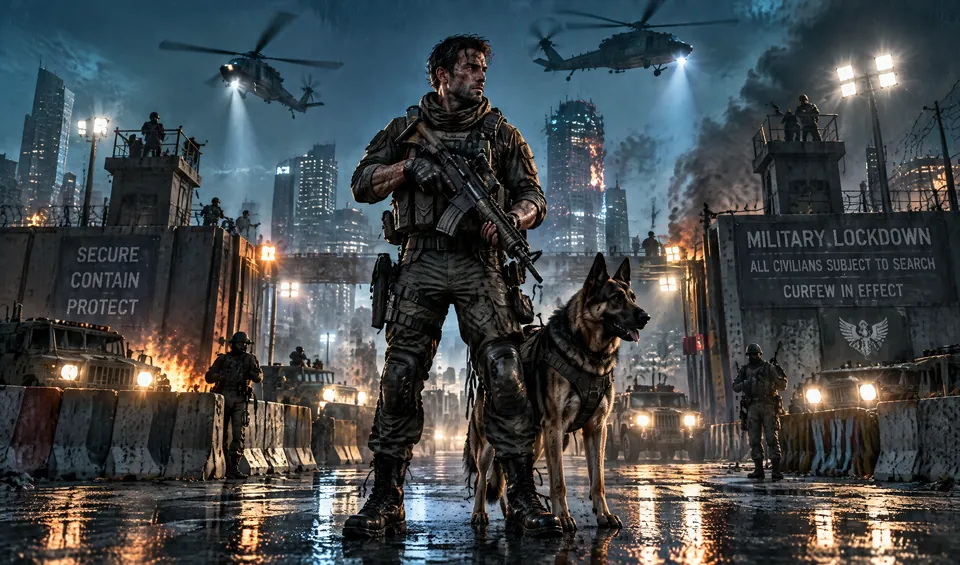 A soldier and his dog stand at a floodlit military lockdown checkpoint