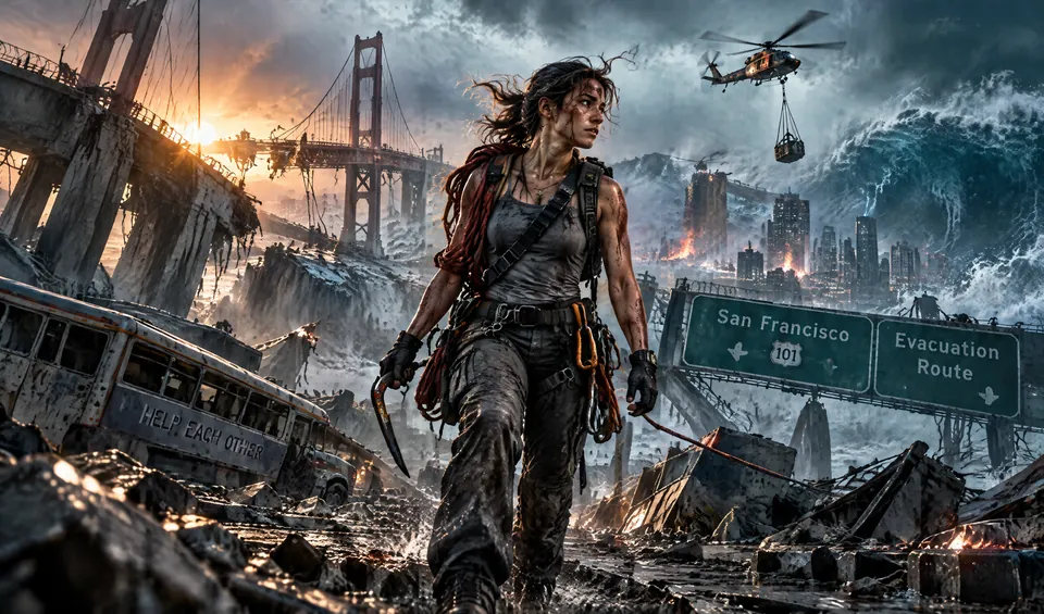 A woman climbs out of the wreckage of a collapsed San Francisco freeway as waves break behind her