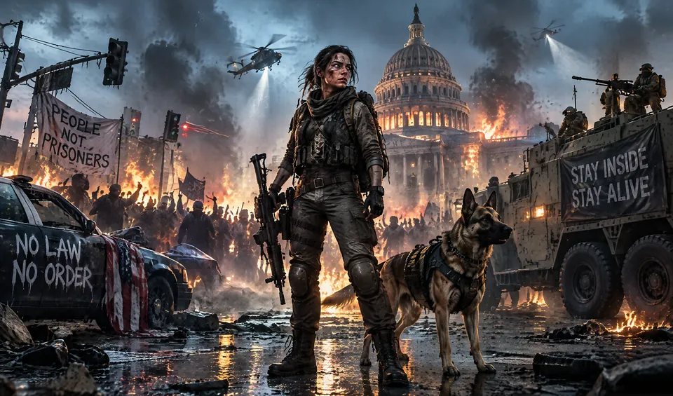 A survivor and her dog stand in front of a burning Capitol as rioters fill the street
