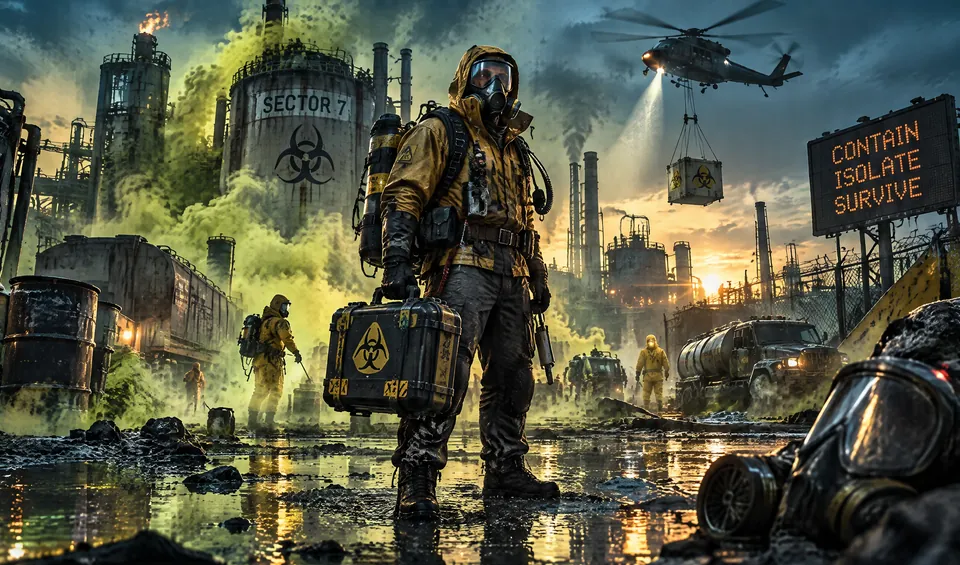 A hazmat-suited survivor carries a biohazard case through green chemical fog