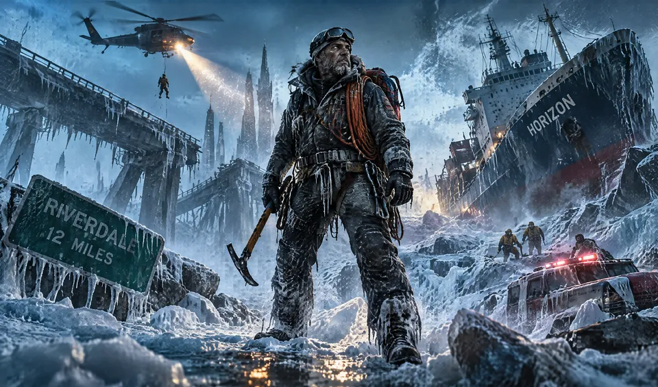 A climber with an ice axe crosses a frozen, flooded freeway past a stranded ship