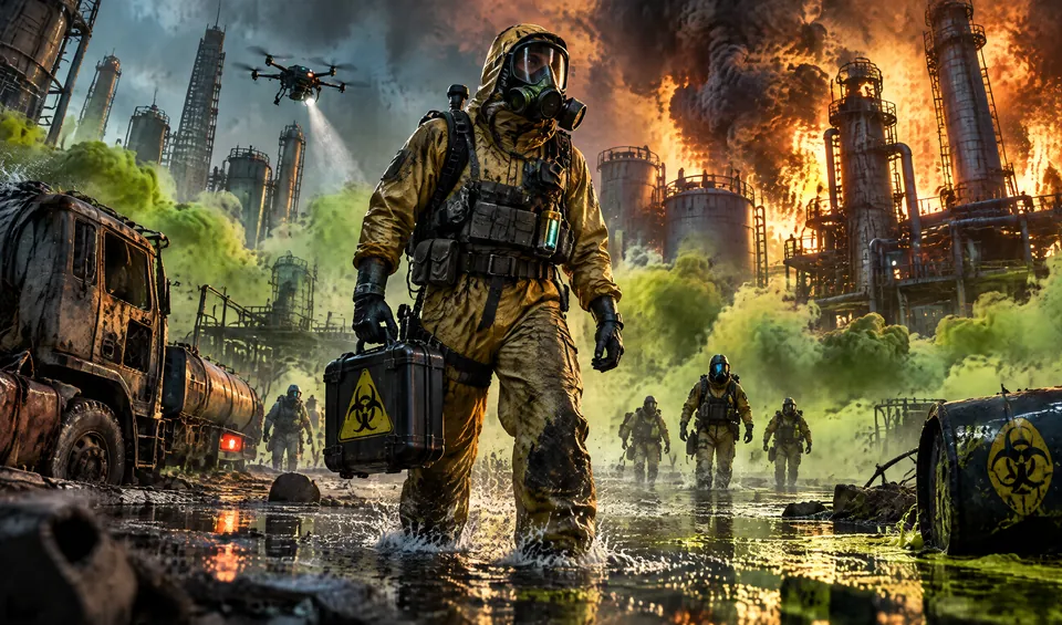 A hazmat team walks out of a burning chemical plant in toxic green fog