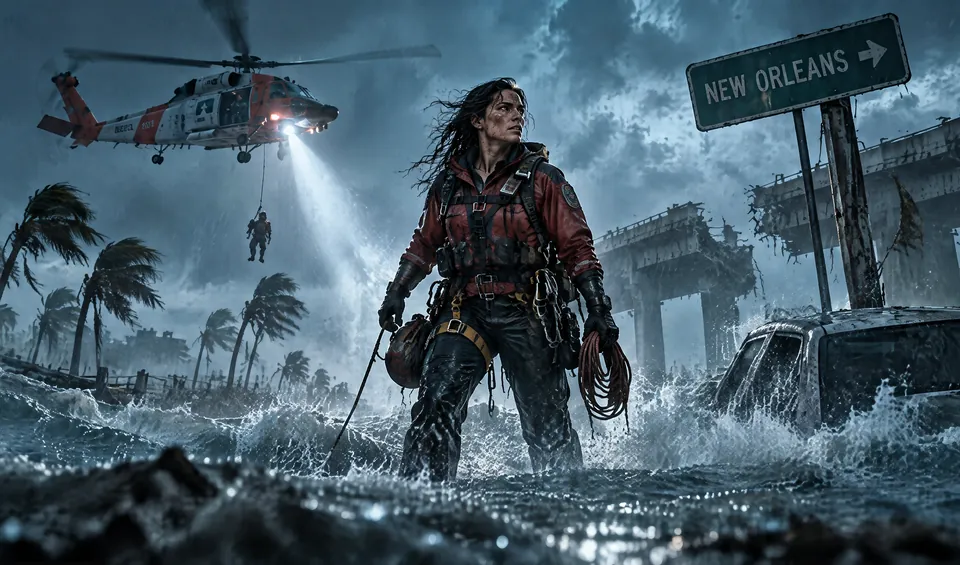A woman wades through storm surge under a rescue helicopter beside a New Orleans sign