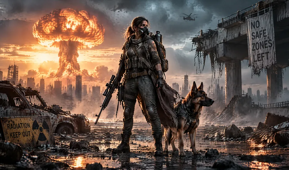 A survivor and her dog walk past a No Safe Zones Left sign as a mushroom cloud rises
