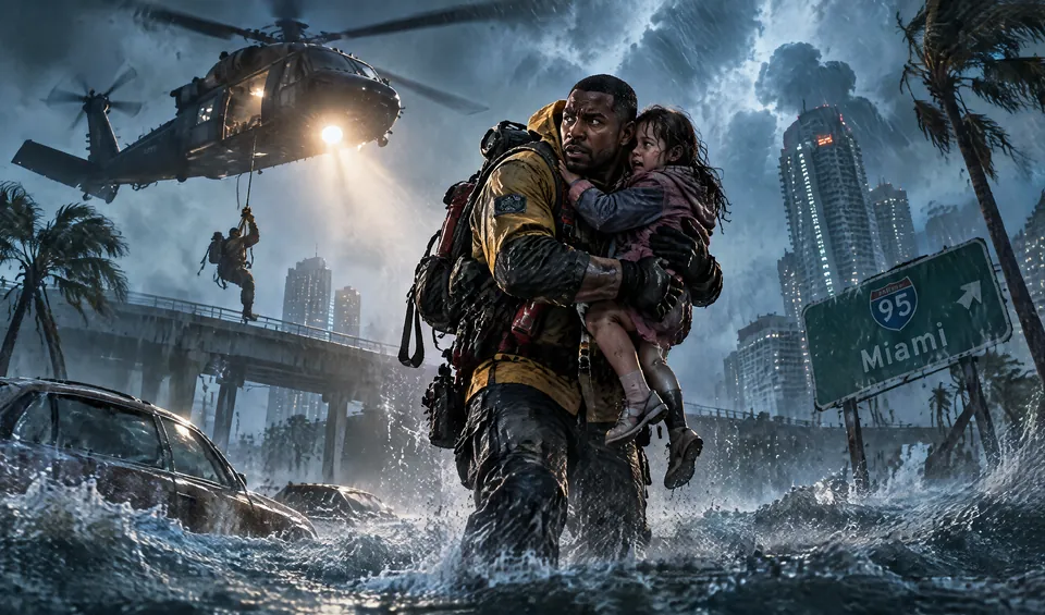A rescuer carries a child through floodwater as a helicopter hovers over Miami