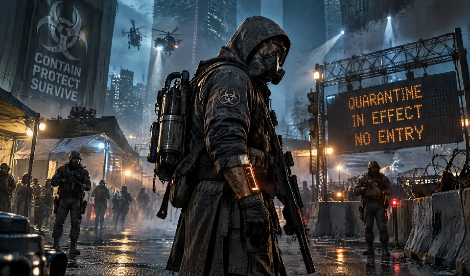 A hooded survivor in a respirator walks past a Quarantine In Effect, No Entry sign