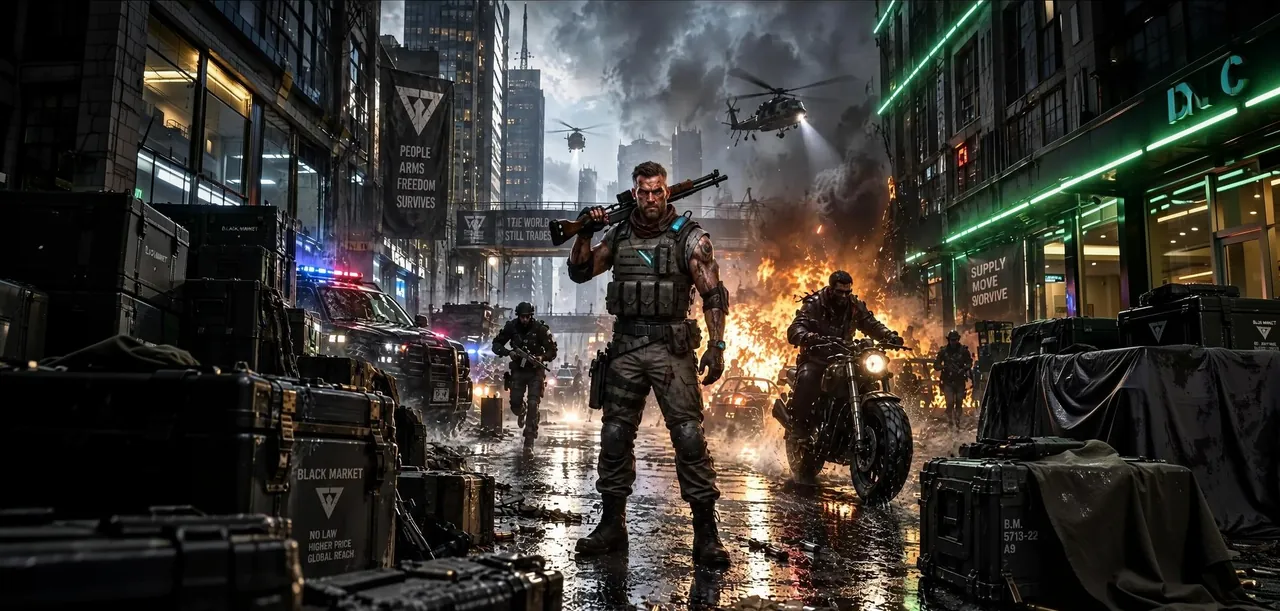 Off-grid: the same street after the collapse, burning, with soldiers, black-market crates and a motorcycle rider